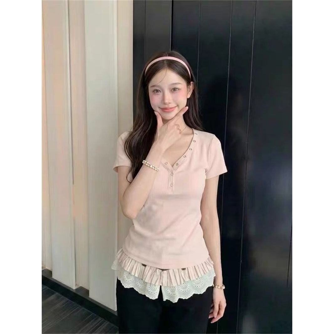 甜美風復古辣妹V領短袖t 恤修身顯瘦百搭女夏季上衣
