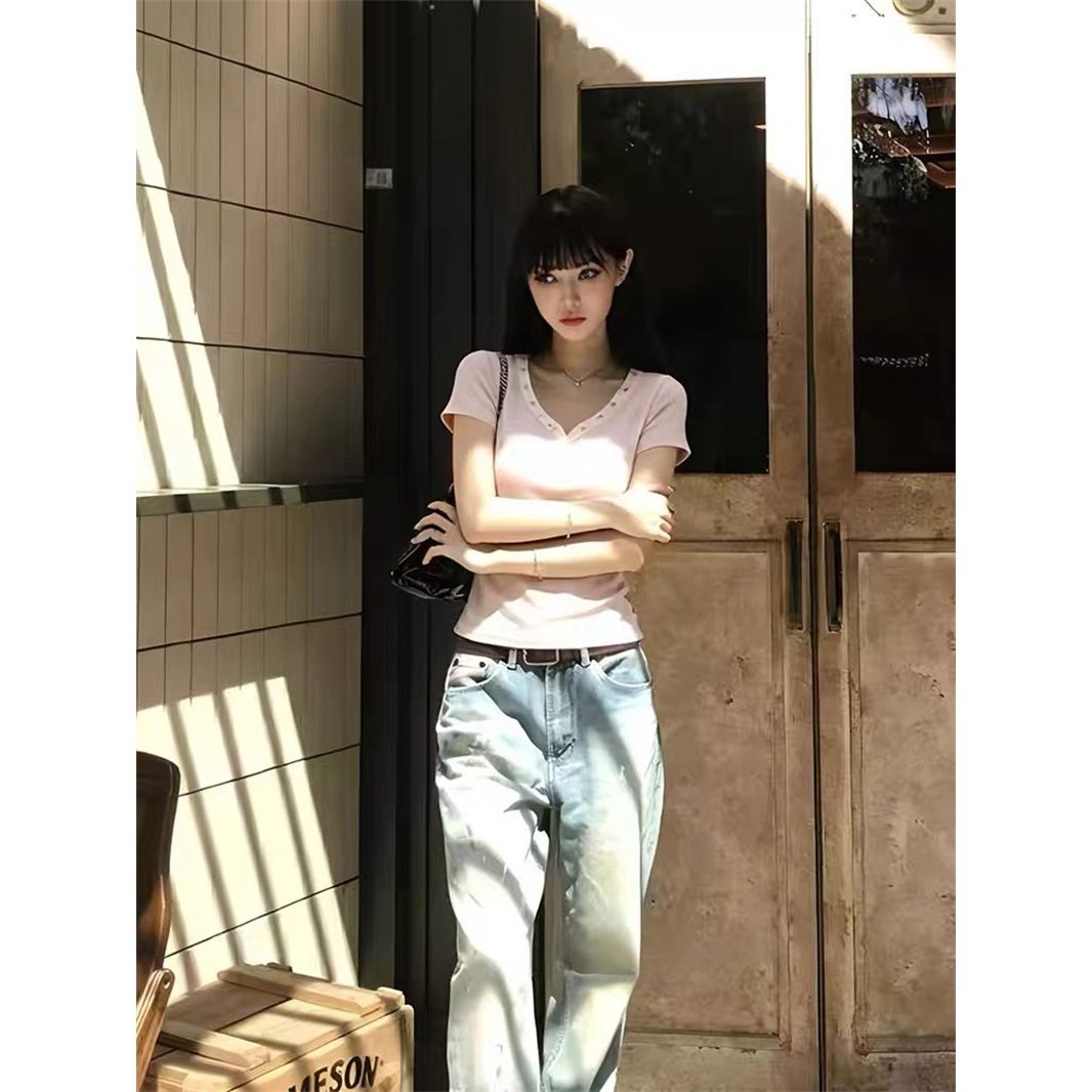 粉色 V領鉚釘亨利扣短袖 T恤女夏季辣妹風修身顯瘦百搭短款上衣