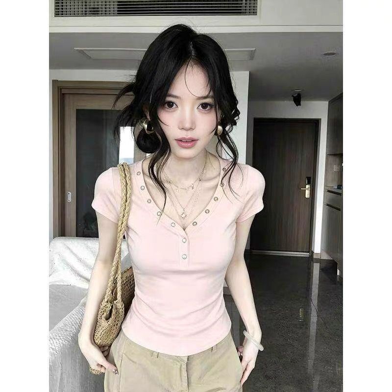 美式復古辣妹V領短袖t恤裝飾扣子修身百搭女夏季上衣