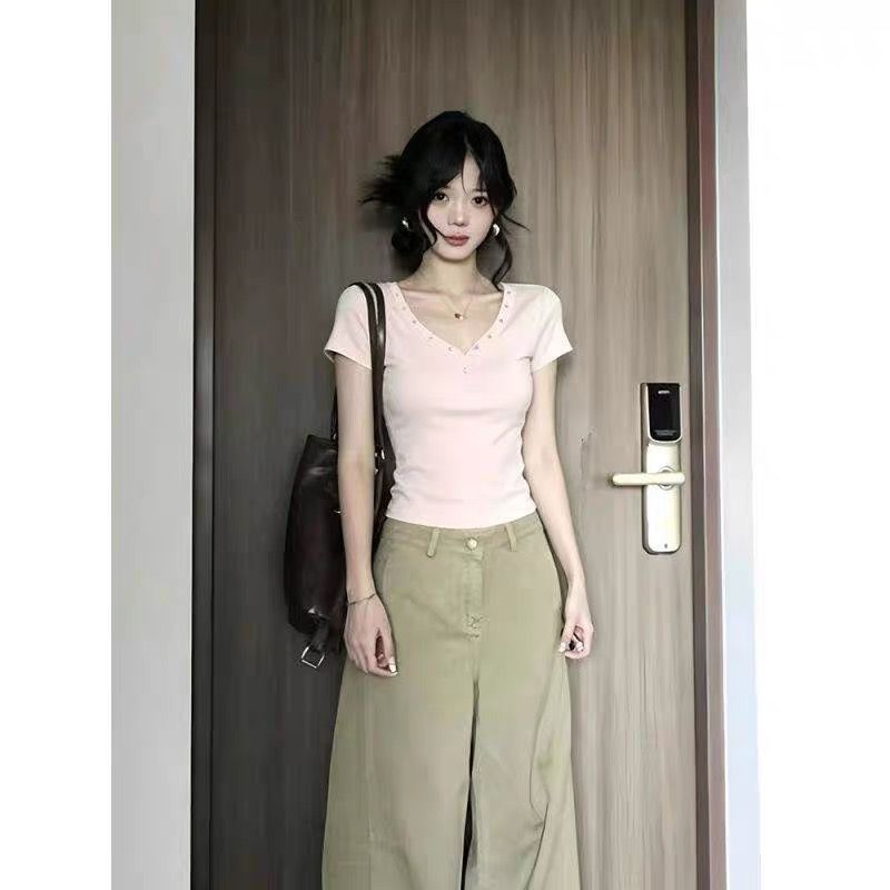 美式復古辣妹V領短袖t恤裝飾扣子修身百搭女夏季上衣