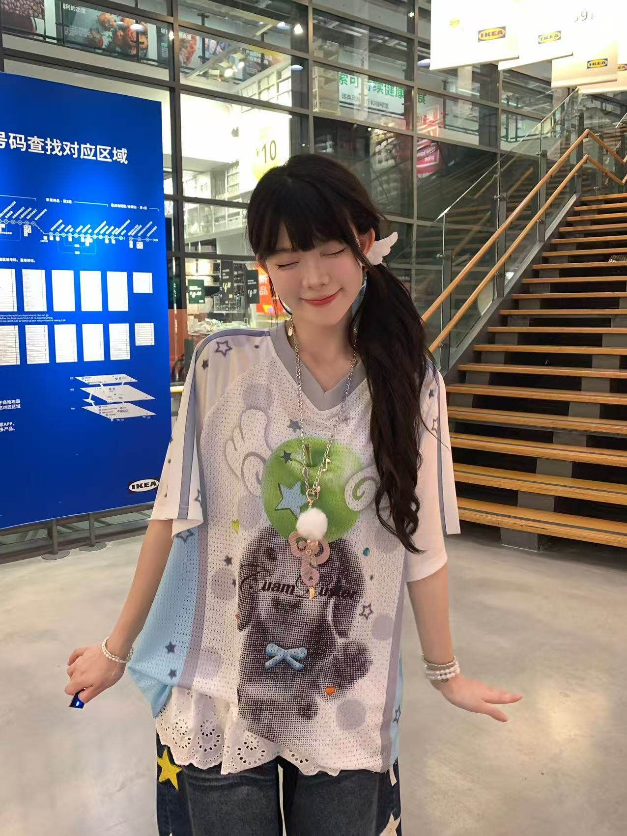 網眼小狗印花 V 領短袖 T 恤女夏季韓系甜妹風寬松透氣百搭球衣
