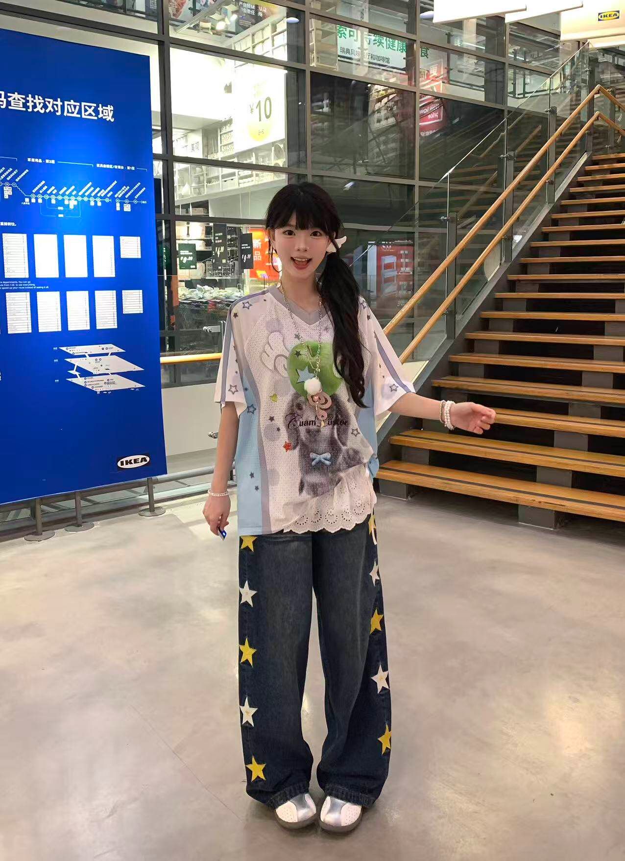 網眼小狗印花 V 領短袖 T 恤女夏季韓系甜妹風寬松透氣百搭球衣