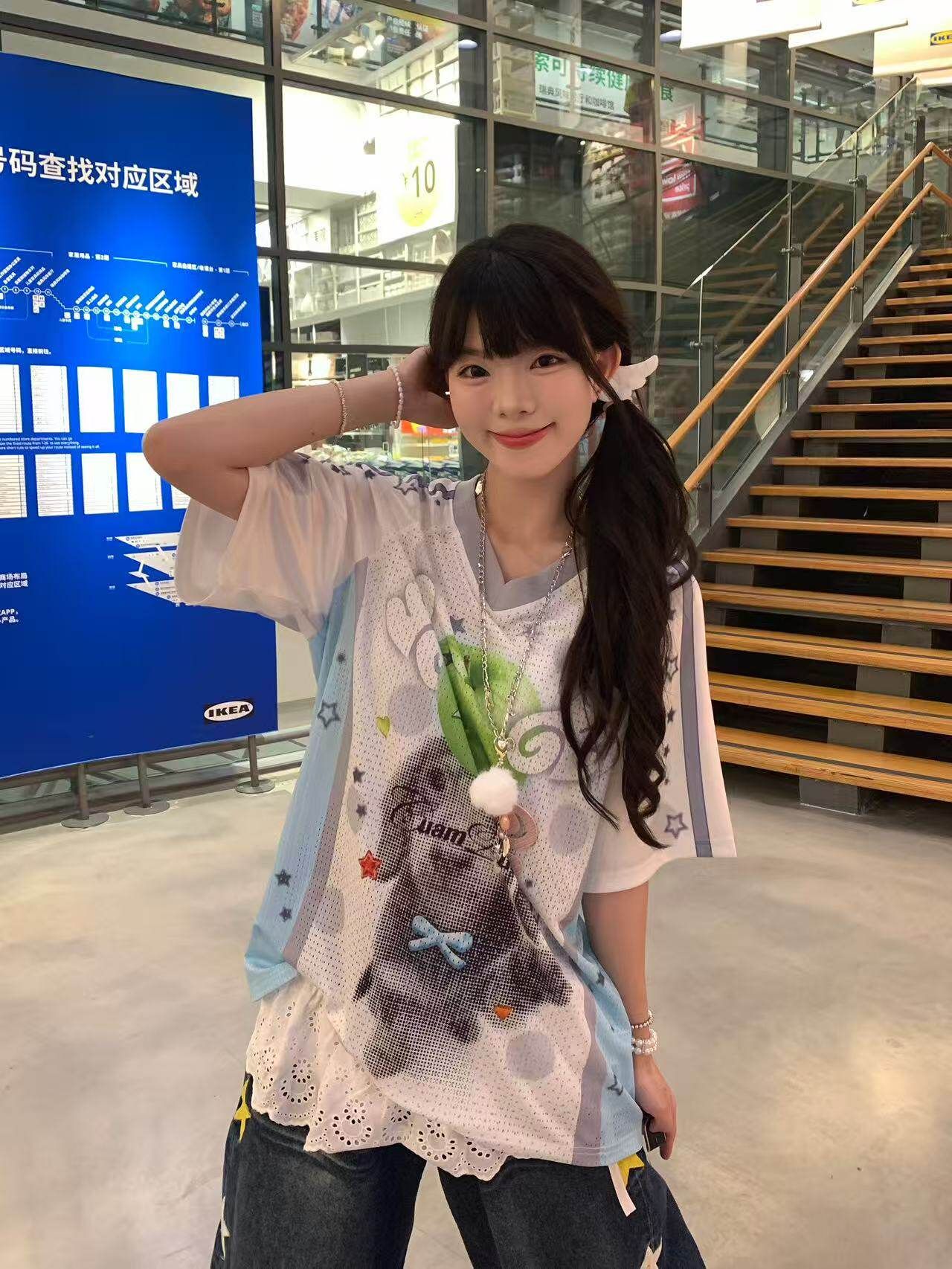 網眼小狗印花 V 領短袖 T 恤女夏季韓系甜妹風寬松透氣百搭球衣