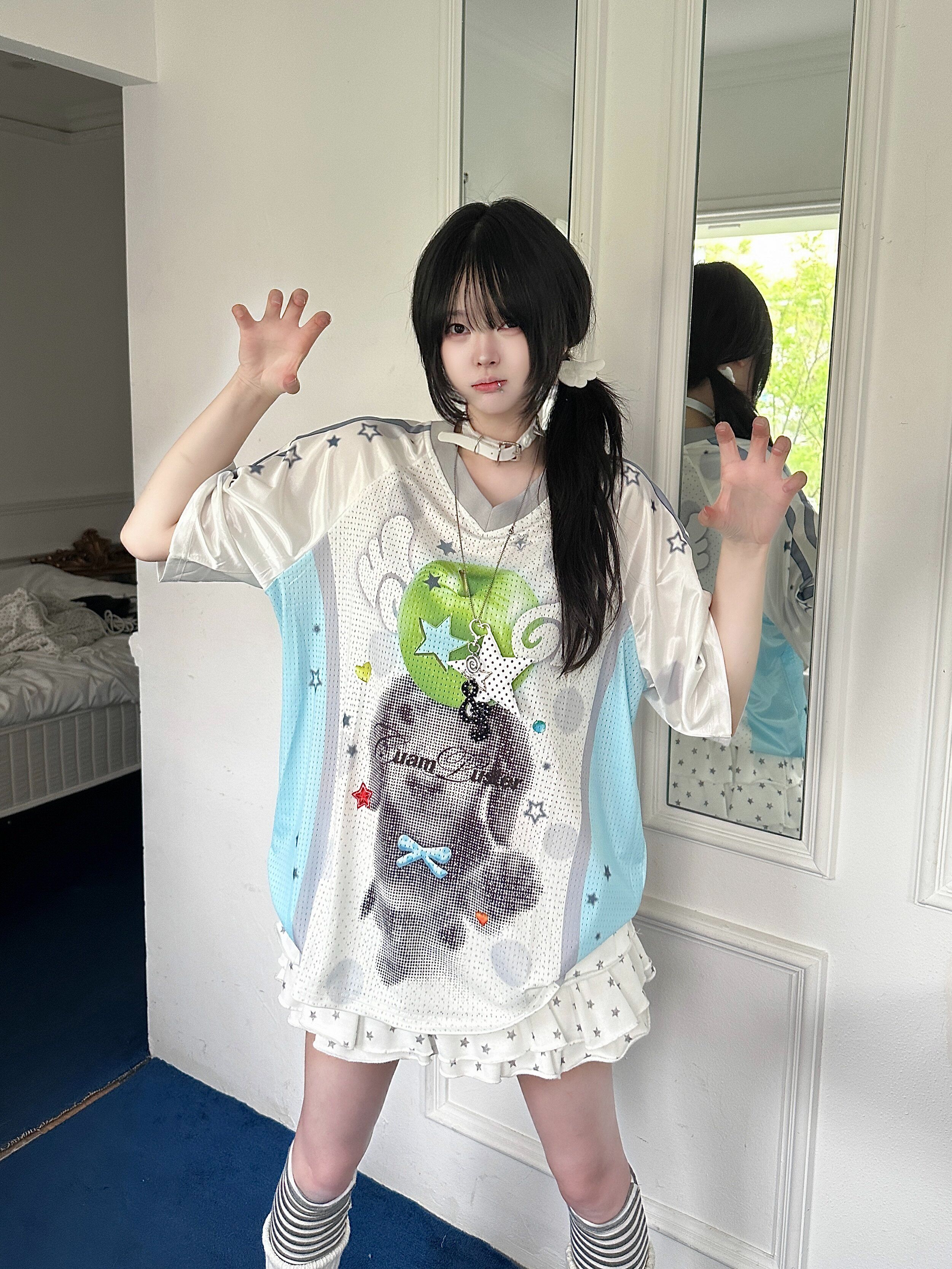 網眼小狗印花 V 領短袖 T 恤女夏季韓系甜妹風寬松透氣百搭球衣