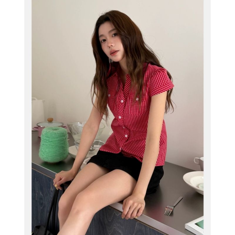 撞色格紋風短袖襯衫夏季復古Polo領掐腰剪裁設計顯瘦女上衣