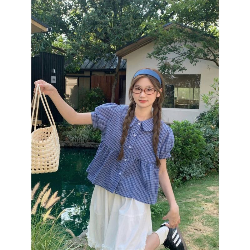 娃娃領短袖襯衫女夏季新款學院風荷葉邊藍色格子減齡襯衣上衣