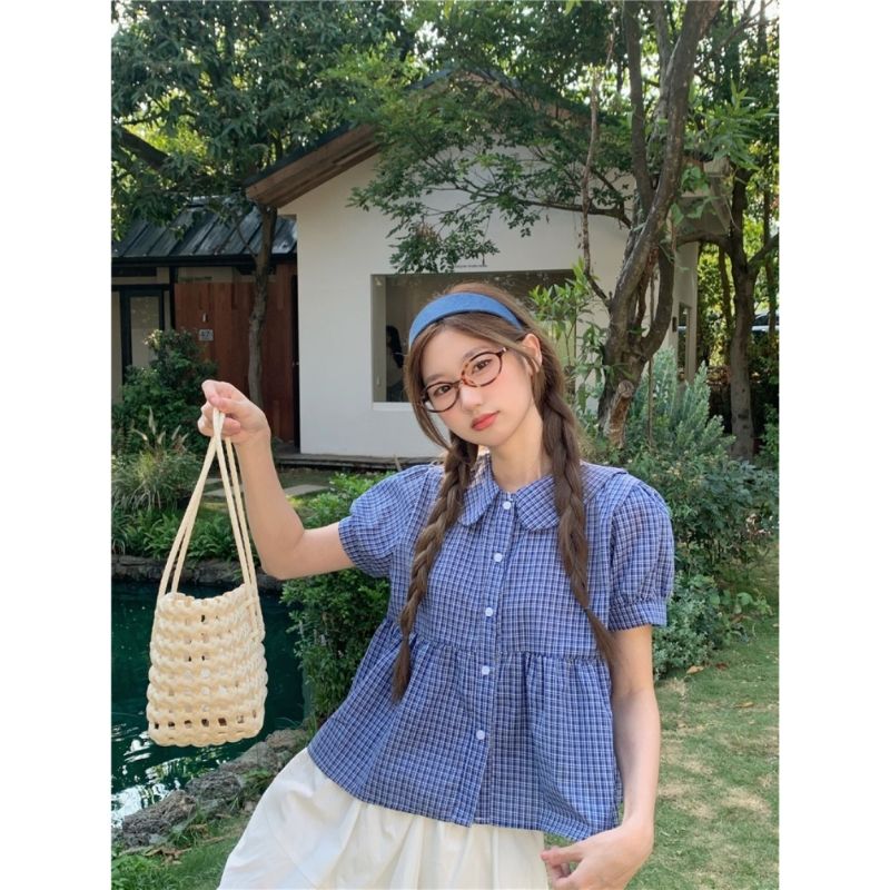 娃娃領短袖襯衫女夏季新款學院風荷葉邊藍色格子減齡襯衣上衣