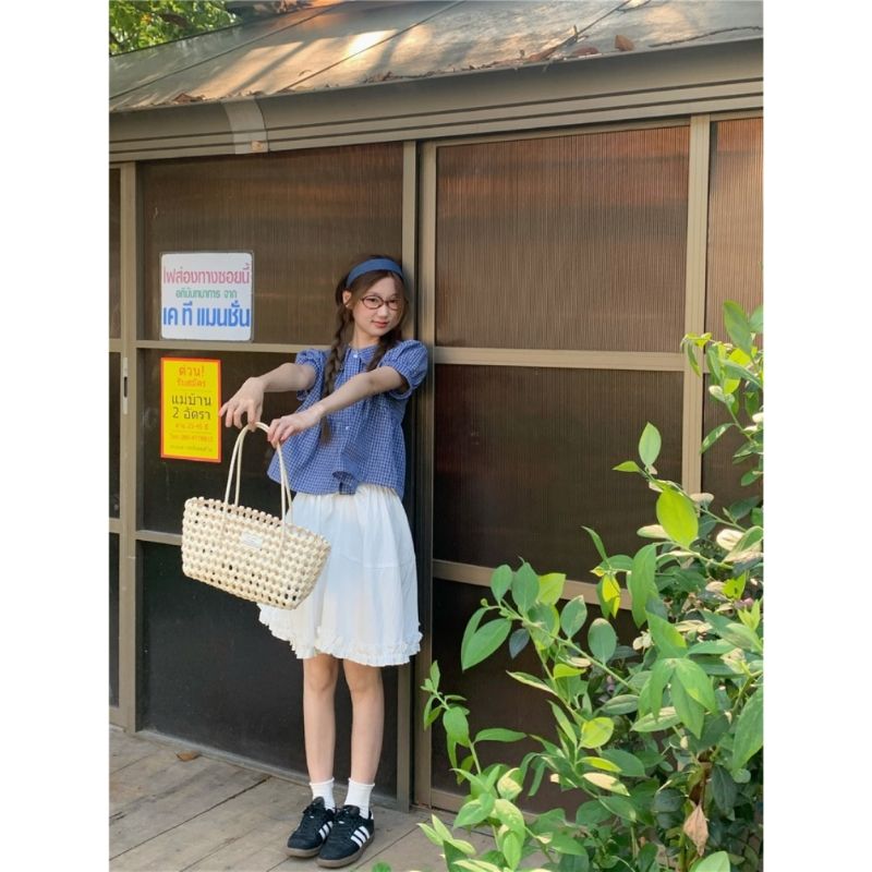娃娃領短袖襯衫女夏季新款學院風荷葉邊藍色格子減齡襯衣上衣