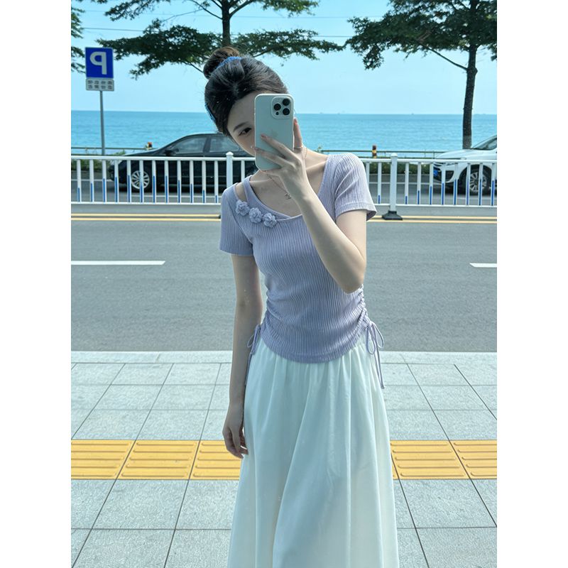 大碼胖mm法式鏤空別致短袖T恤女夏季抽繩收腰顯瘦上衣