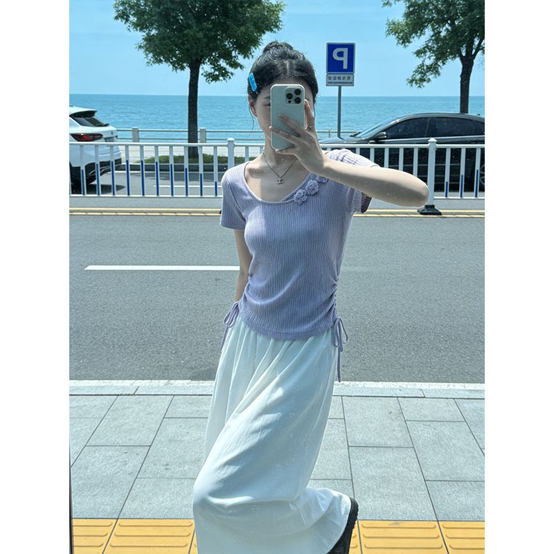 大碼胖mm法式鏤空別致短袖T恤女夏季抽繩收腰顯瘦上衣