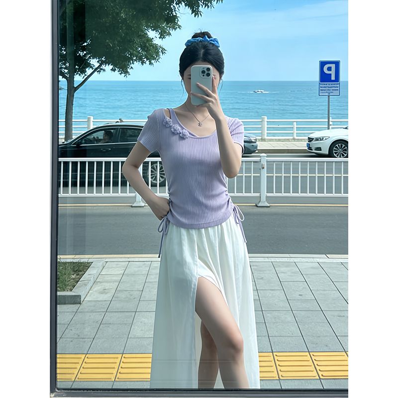 大碼胖mm法式鏤空別致短袖T恤女夏季抽繩收腰顯瘦上衣