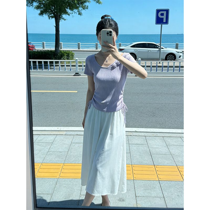 大碼胖mm法式鏤空別致短袖T恤女夏季抽繩收腰顯瘦上衣