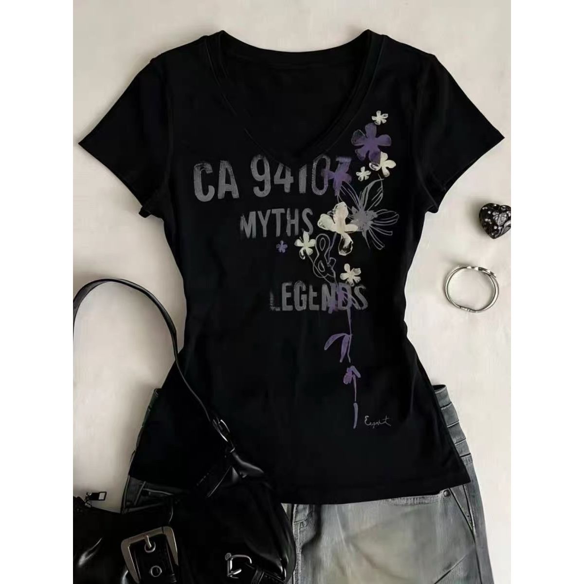 美式辣妹風字母印花黑色百搭短袖T恤女夏季顯瘦修身上衣