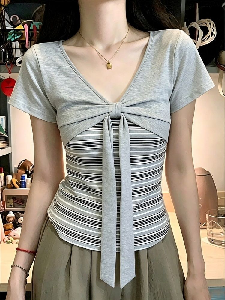 灰色扭結蝴蝶結條紋拼接短袖T恤女夏季純欲修身顯瘦百搭辣妹上衣