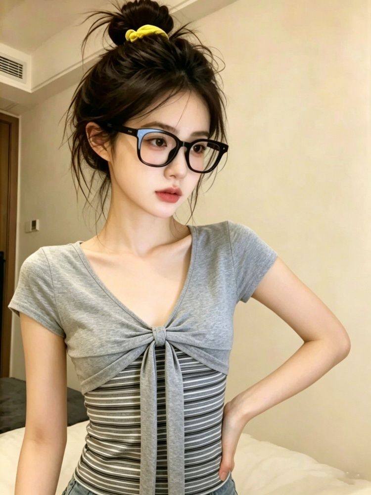 純欲風扭結蝴蝶結條紋拼接短袖T恤女夏季修身顯瘦百搭辣妹上衣