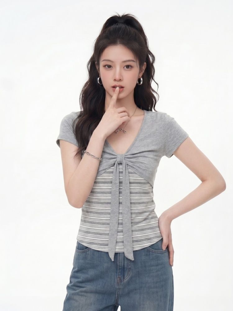 灰色扭結蝴蝶結條紋拼接短袖T恤女夏季純欲修身顯瘦百搭辣妹上衣