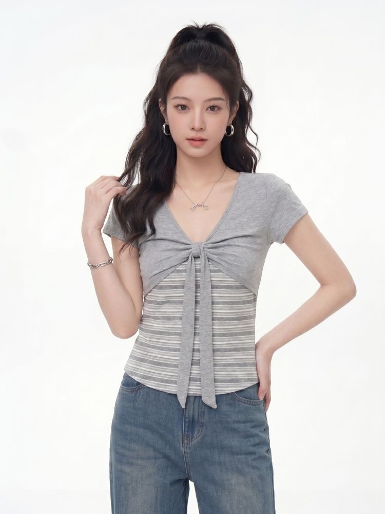 灰色扭結蝴蝶結條紋拼接短袖T恤女夏季純欲修身顯瘦百搭辣妹上衣