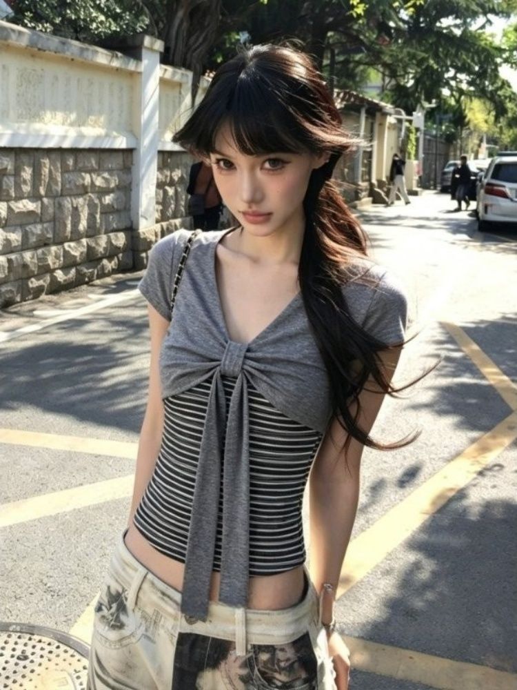 扭結蝴蝶結條紋拼接短袖T恤女夏季純欲修身顯瘦百搭辣妹上衣