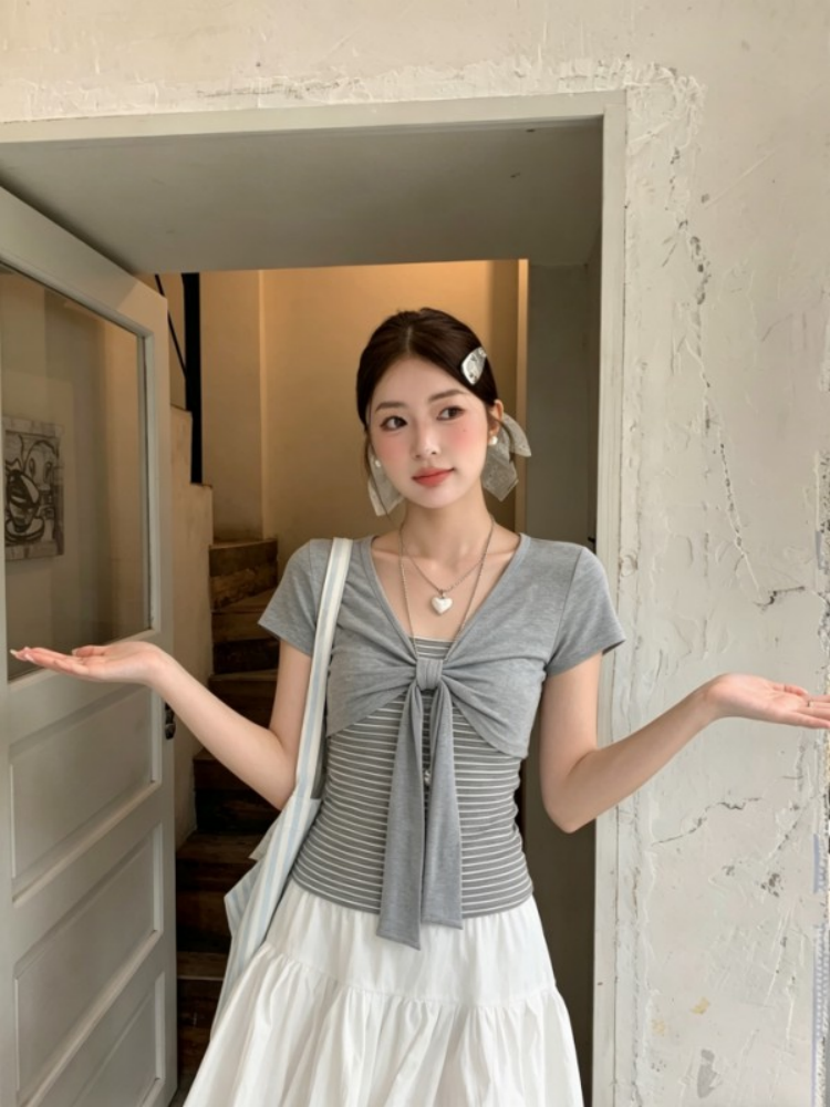 溫柔風扭結蝴蝶結條紋拼接短袖T恤女夏季修身顯瘦百搭辣妹上衣