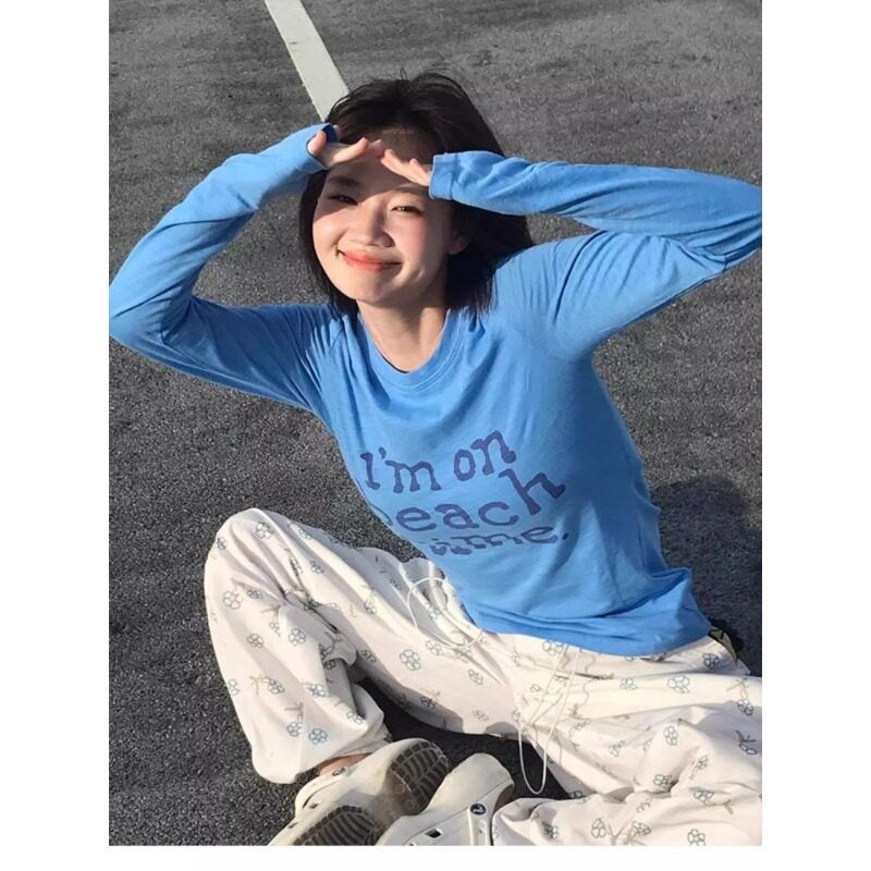 美式復古字母印花長袖 T 恤女夏季薄款防曬修身百搭上衣