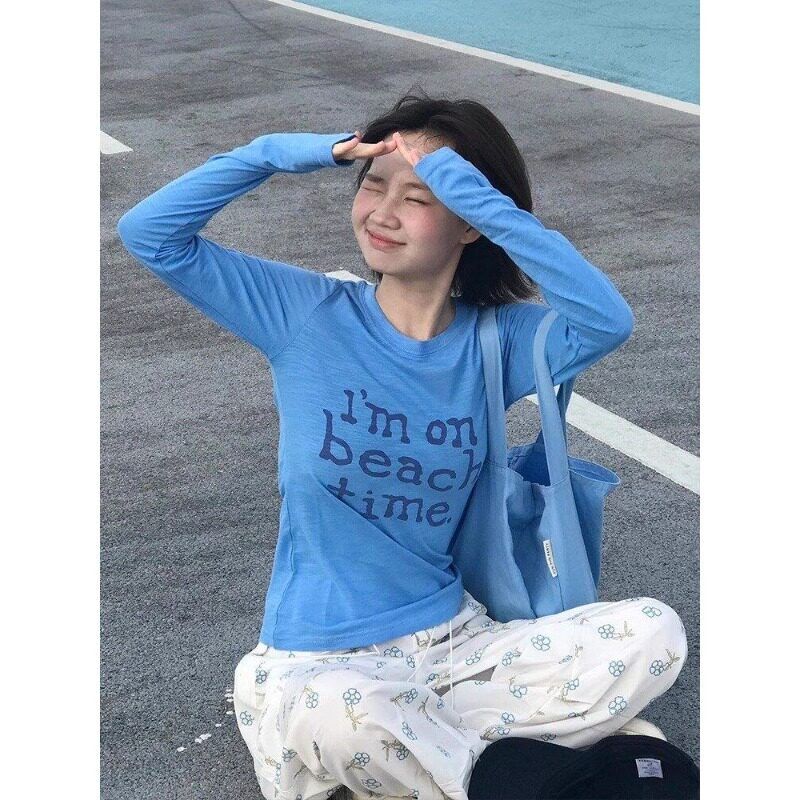 美式復古字母印花長袖 T 恤女夏季薄款防曬修身百搭上衣