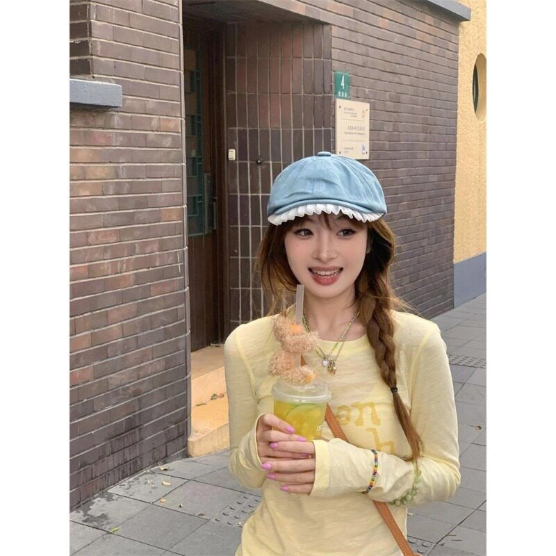 甜美復古字母印花長袖 T 恤女夏季薄款防曬修身百搭上衣