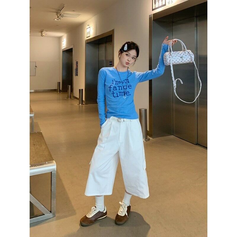 韓系復古字母印花長袖 T 恤女夏季薄款防曬修身百搭上衣