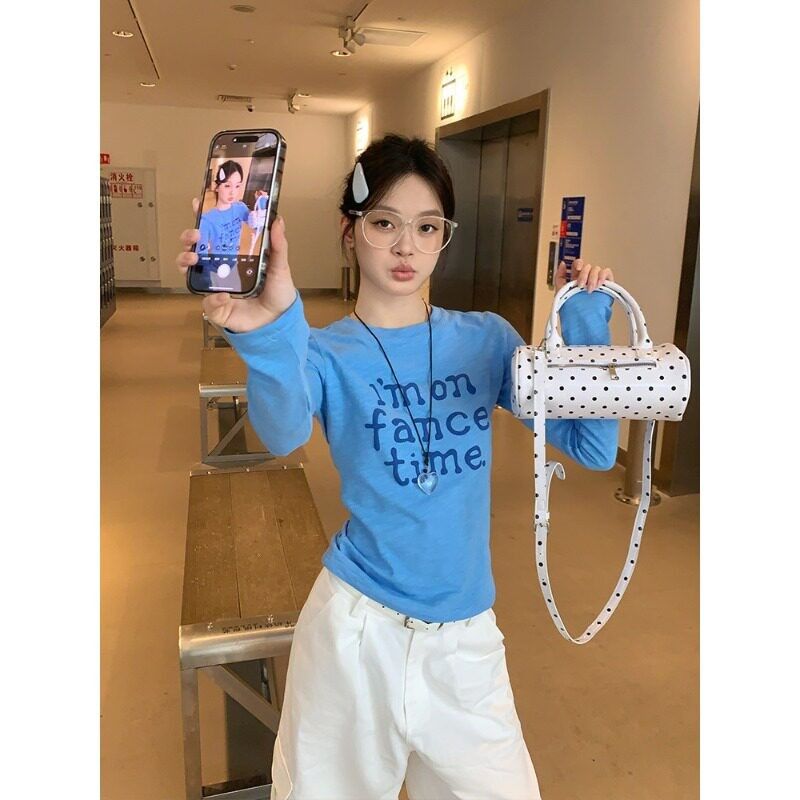 韓系復古字母印花長袖 T 恤女夏季薄款防曬修身百搭上衣