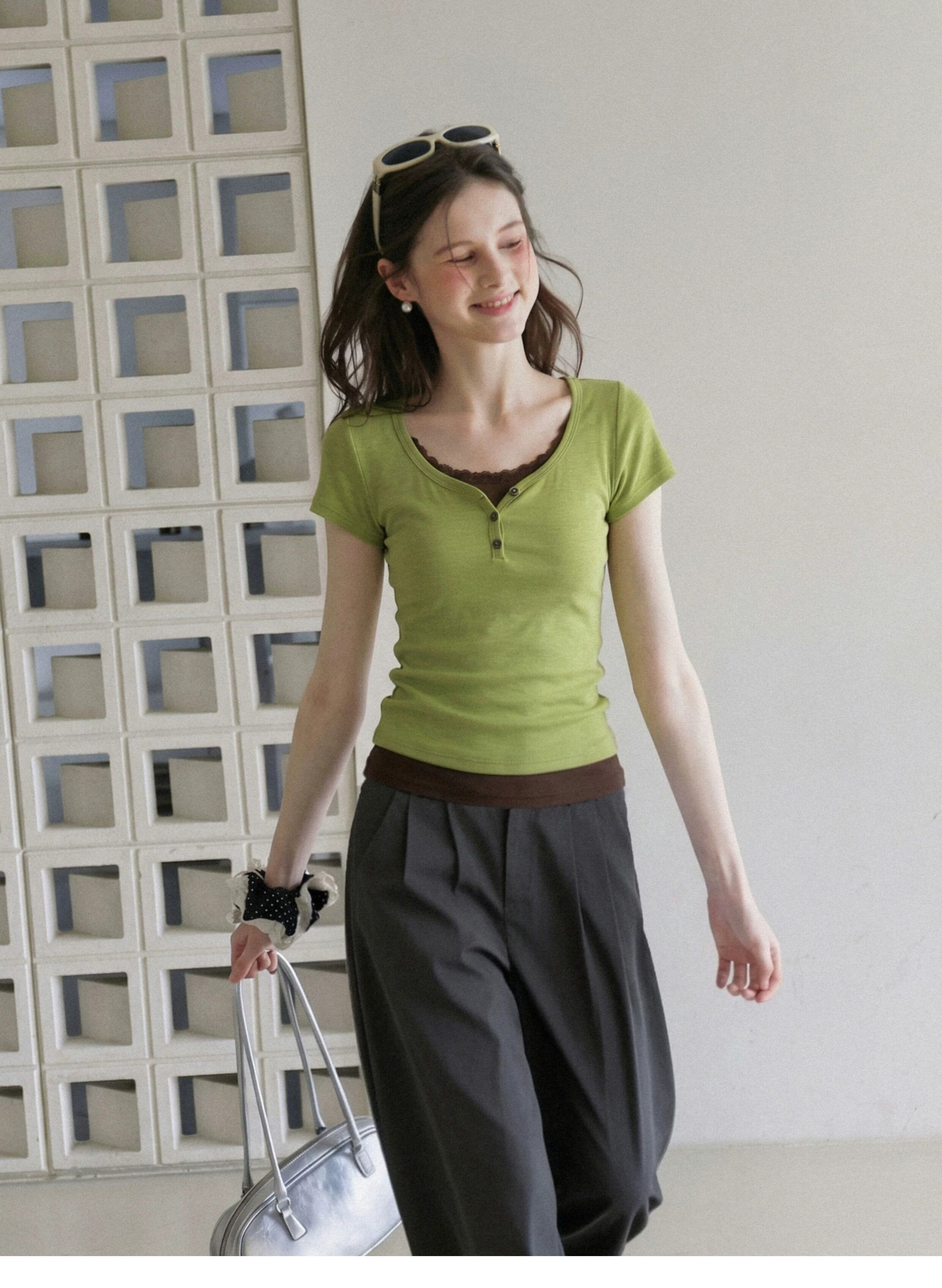 韓系chic別致假兩件拼接正肩短袖T恤女夏季修身顯瘦漂亮獨特上衣