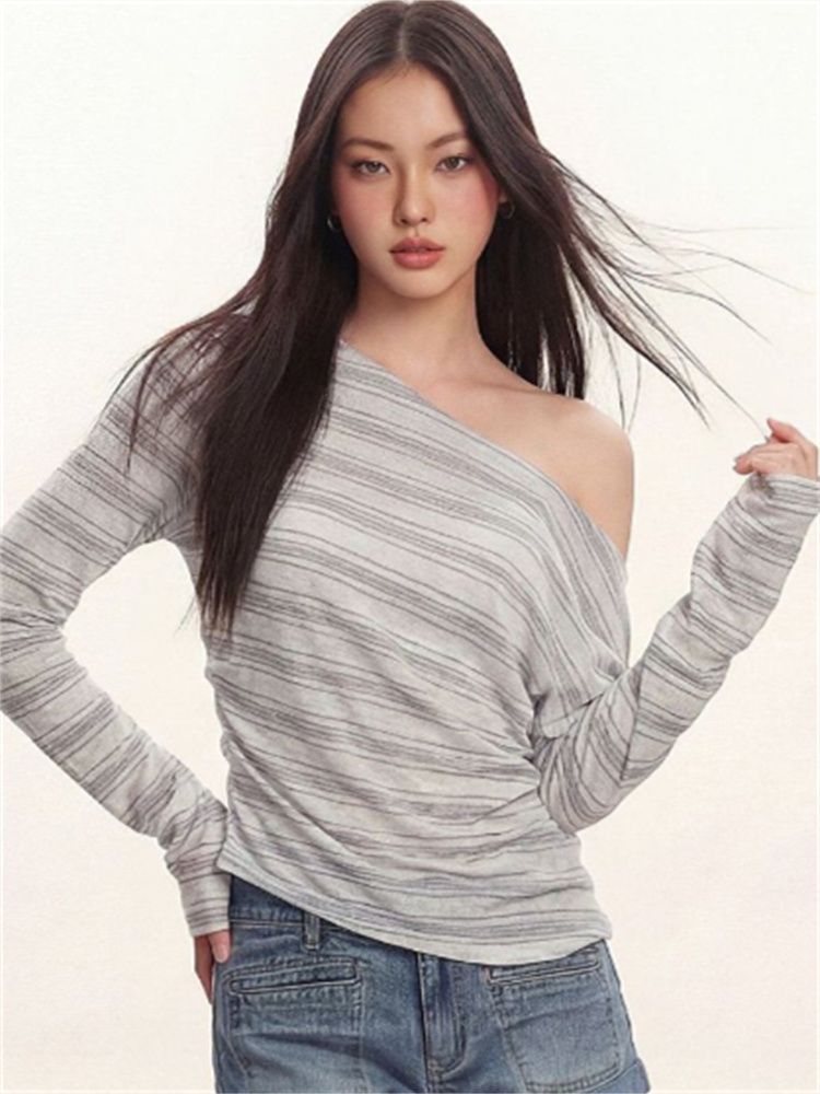 韓系松弛感斜肩條紋長袖t恤女夏寬松慵懶防曬罩衫微透上衣