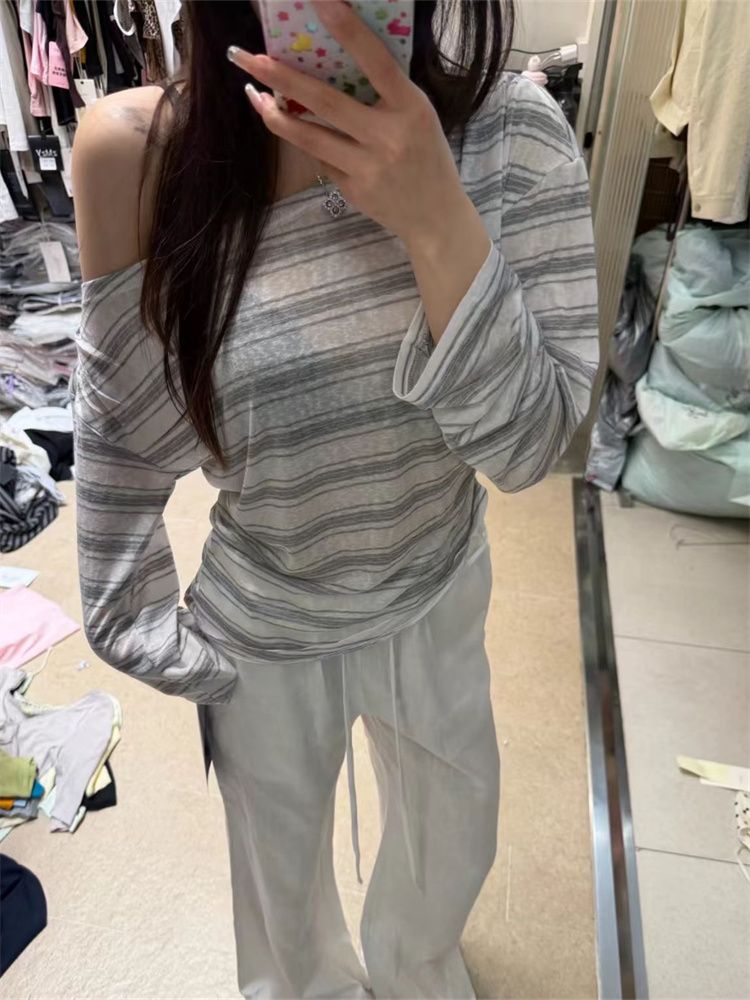 韓系純欲條紋斜肩防曬長袖T恤女夏寬松慵懶風空調罩衫上衣