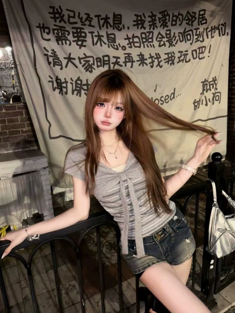美式扭結蝴蝶結條紋拼接正肩短袖T恤女夏設計感辣妹修身短款上衣