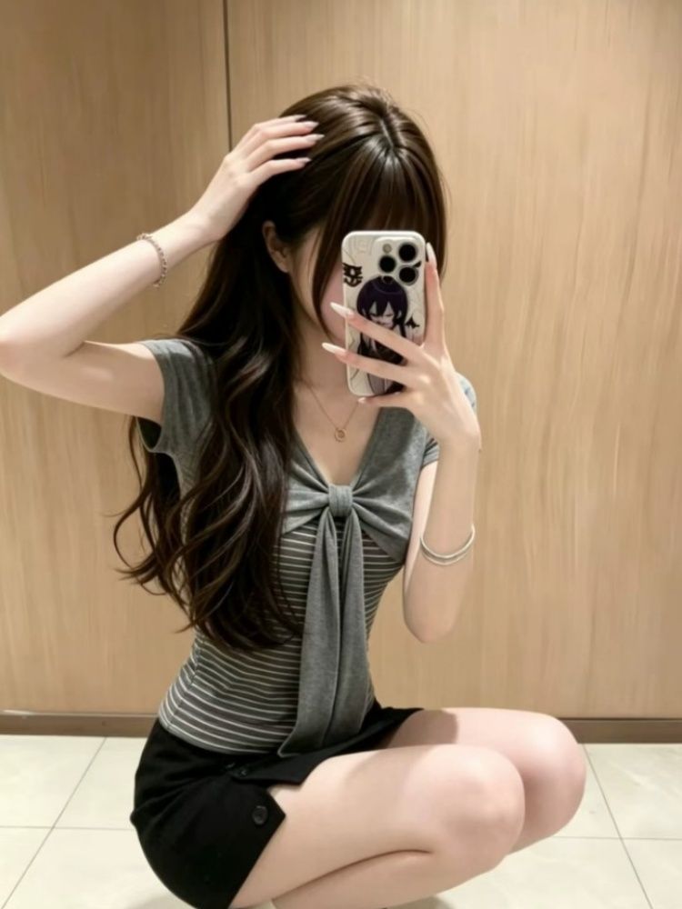 韓系扭結蝴蝶結條紋拼接正肩短袖T恤女夏設計感辣妹修身短款上衣