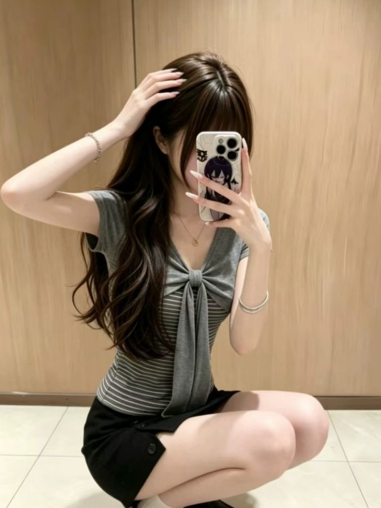 韓系扭結蝴蝶結條紋拼接正肩短袖T恤女夏設計感辣妹修身短款上衣
