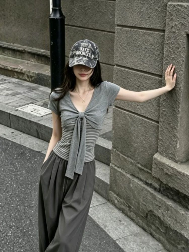 美式扭結蝴蝶結條紋拼接正肩短袖T恤女夏辣妹修身短款上衣