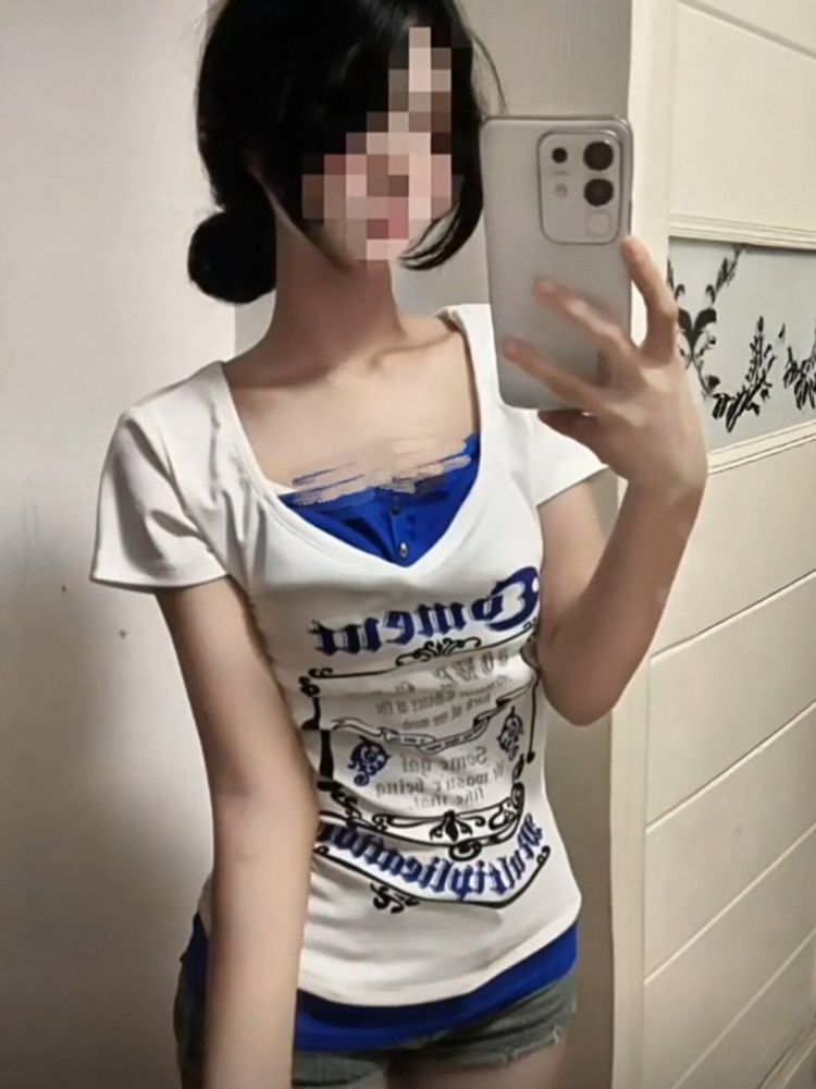 溫柔復古風撞色夏季新款字母印花假兩件T恤收腰顯瘦上衣