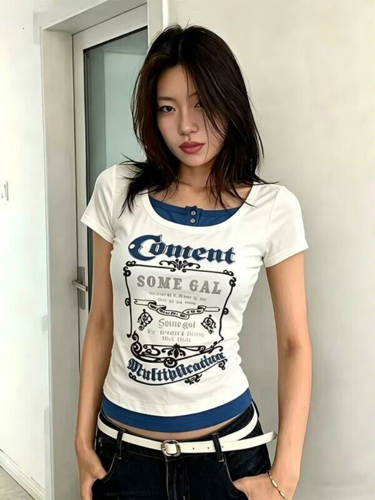 撞色字母印花假兩件短袖T恤女夏季美式辣妹修身顯瘦百搭短款上衣