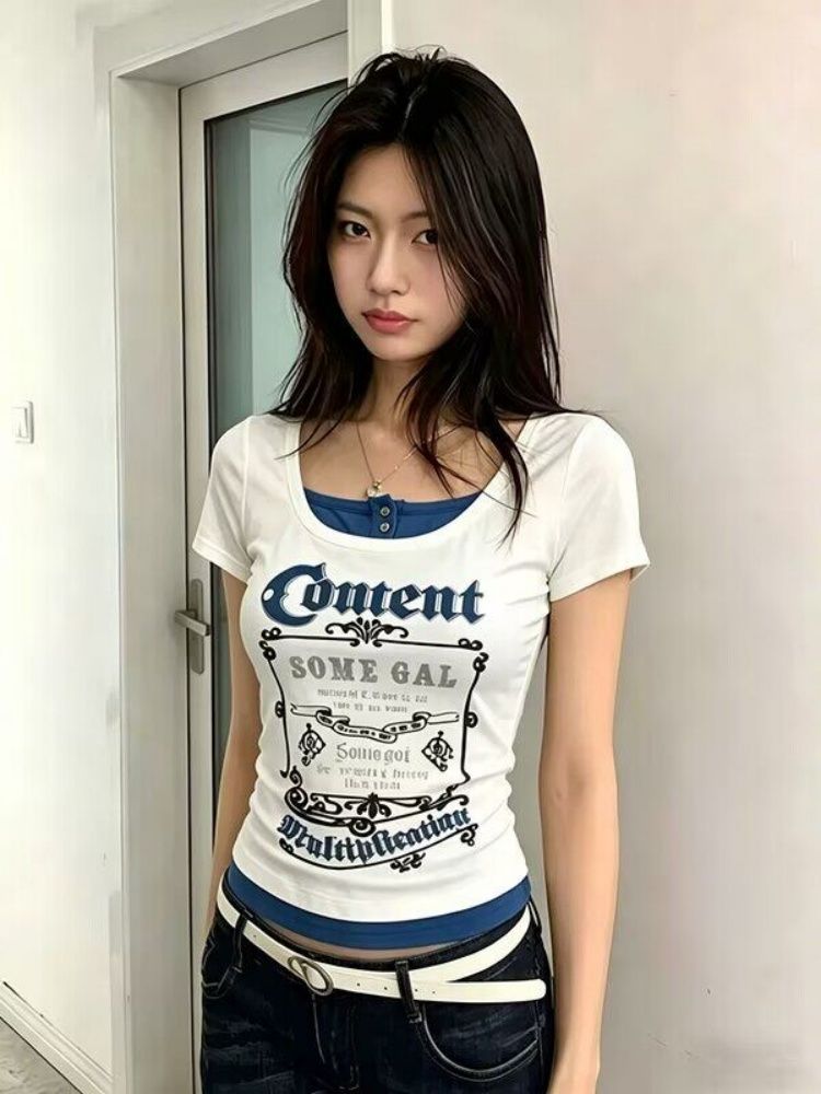 撞色字母印花假兩件短袖T恤女夏季美式辣妹修身顯瘦百搭短款上衣