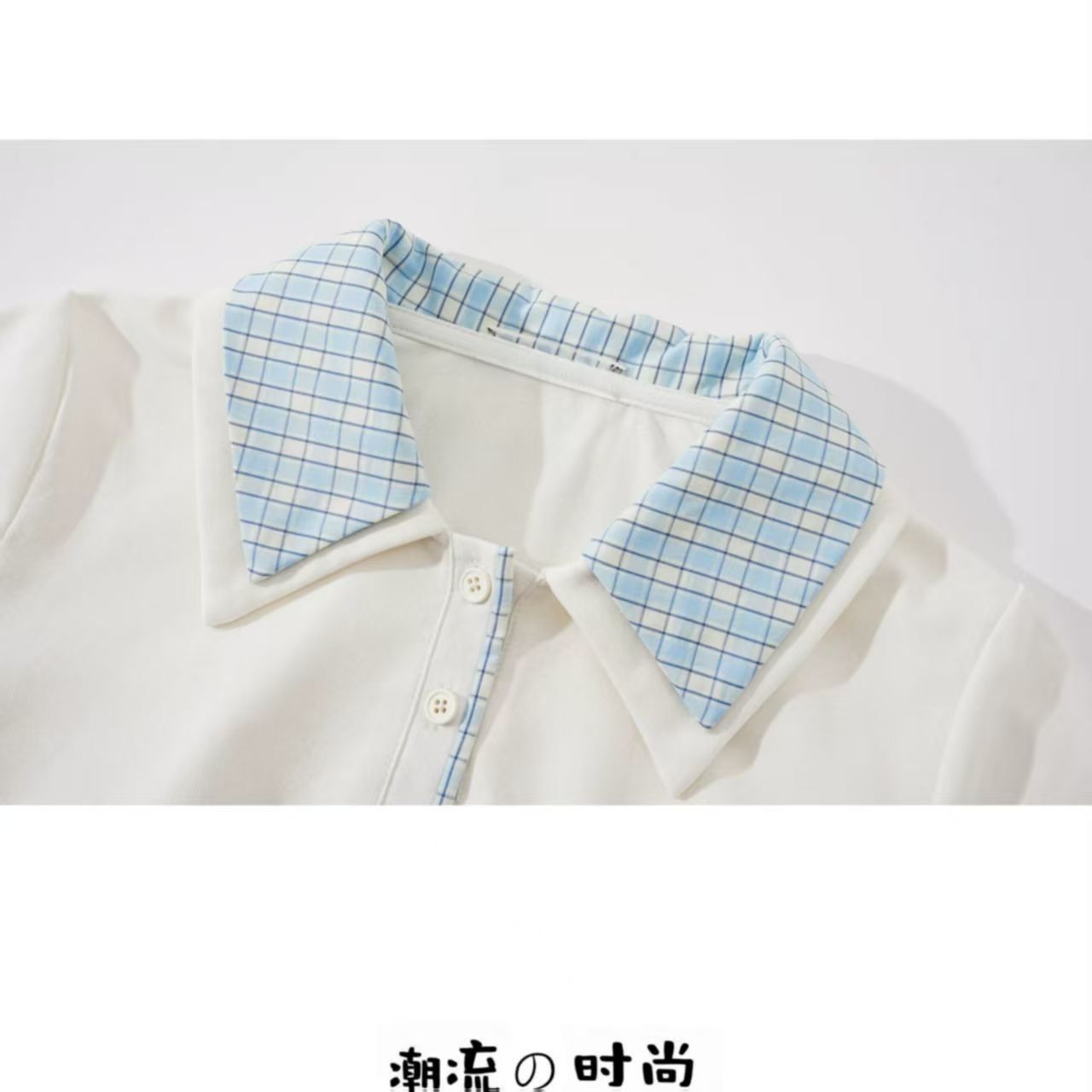格紋拼接小狗刺繡 Polo 領短袖T恤女夏季學院風修身顯瘦短款上衣