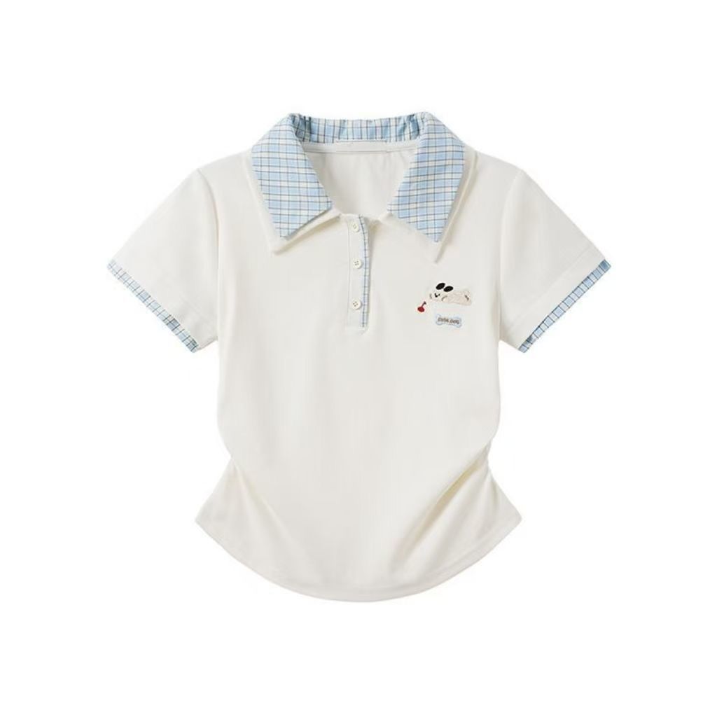 格紋拼接小狗刺繡 Polo 領短袖T恤女夏季學院風修身顯瘦短款上衣