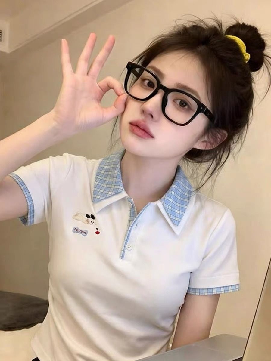 拼接小狗刺繡 Polo 領短袖T恤女夏季學院風修身顯瘦短款上衣