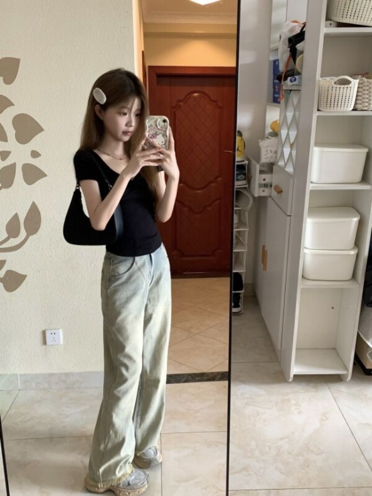 溫柔風黑色扭結 V 領短袖 T 恤女夏季修身顯瘦百搭短款辣妹上衣