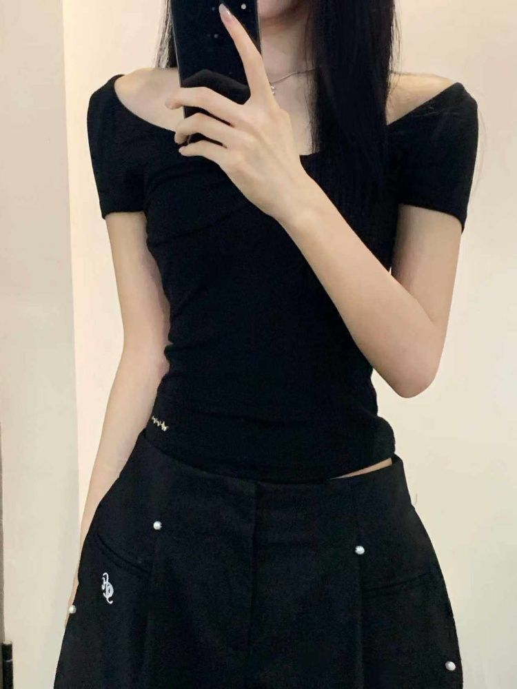 溫柔修身顯瘦收腰短款純欲辣妹黑色V領正肩短袖t恤上衣女