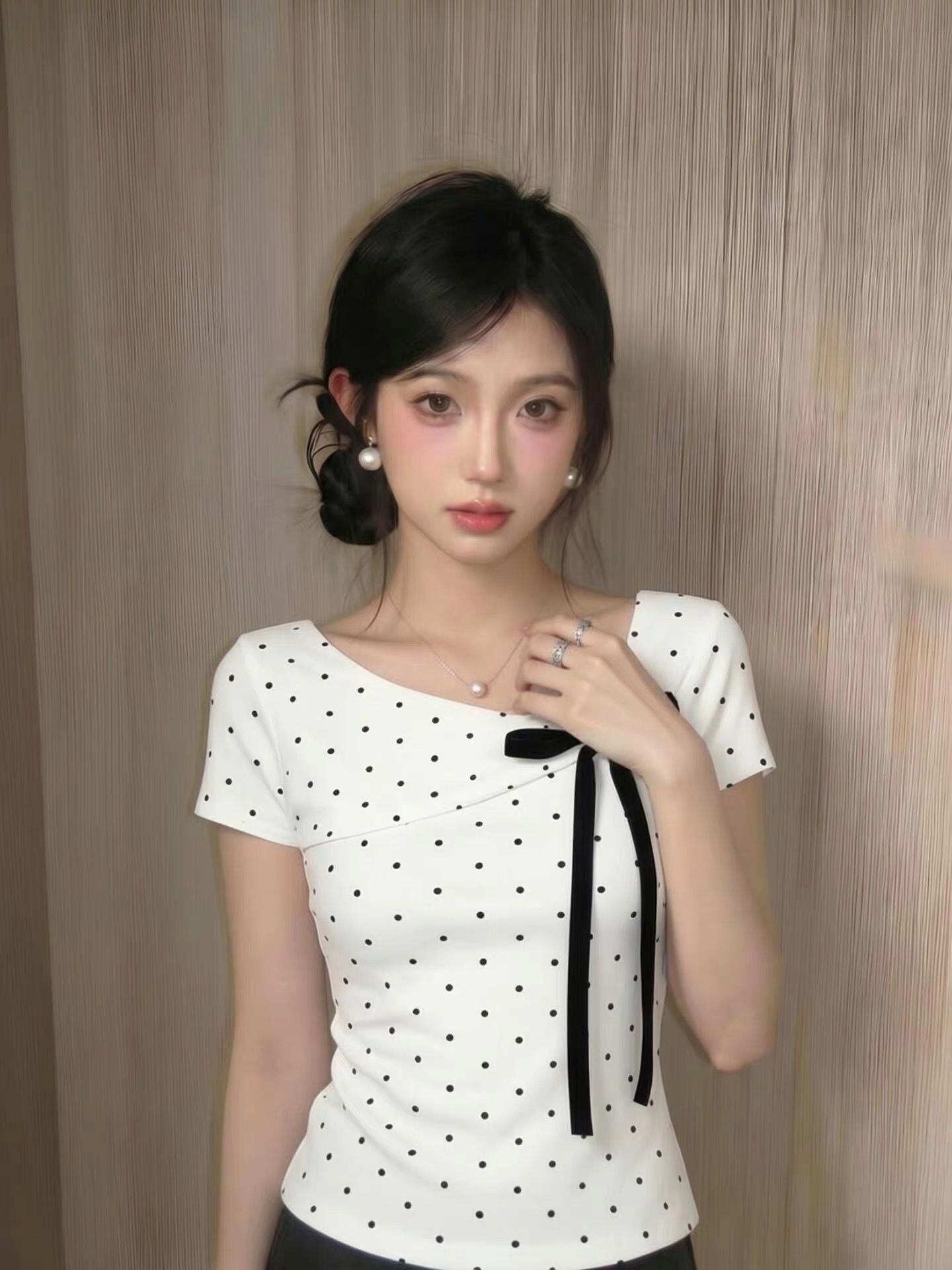 波點正肩短袖t恤女夏季蝴蝶結設計感獨特修身韓系上衣