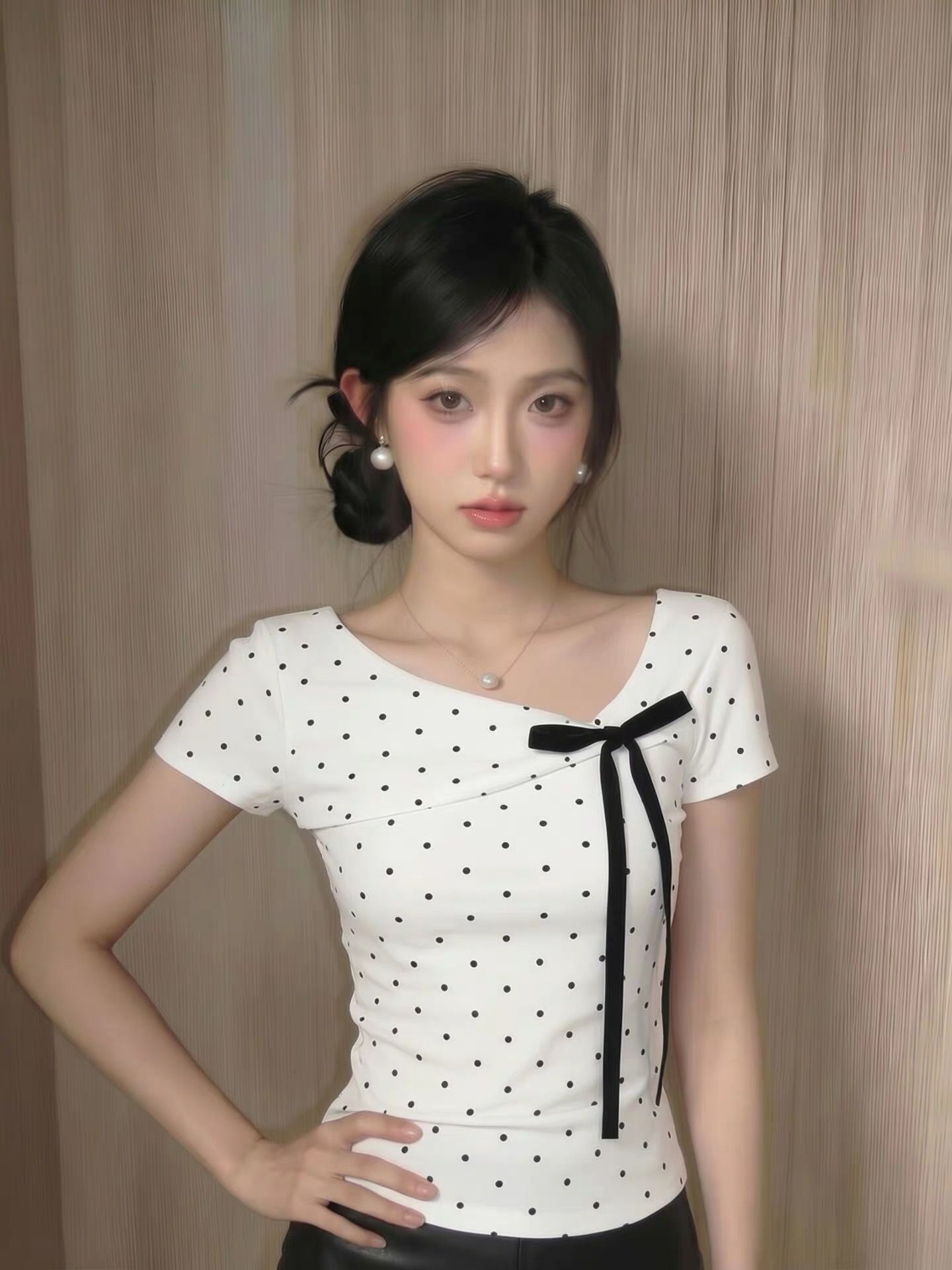 波點正肩短袖t恤女夏季蝴蝶結設計感獨特修身韓系上衣