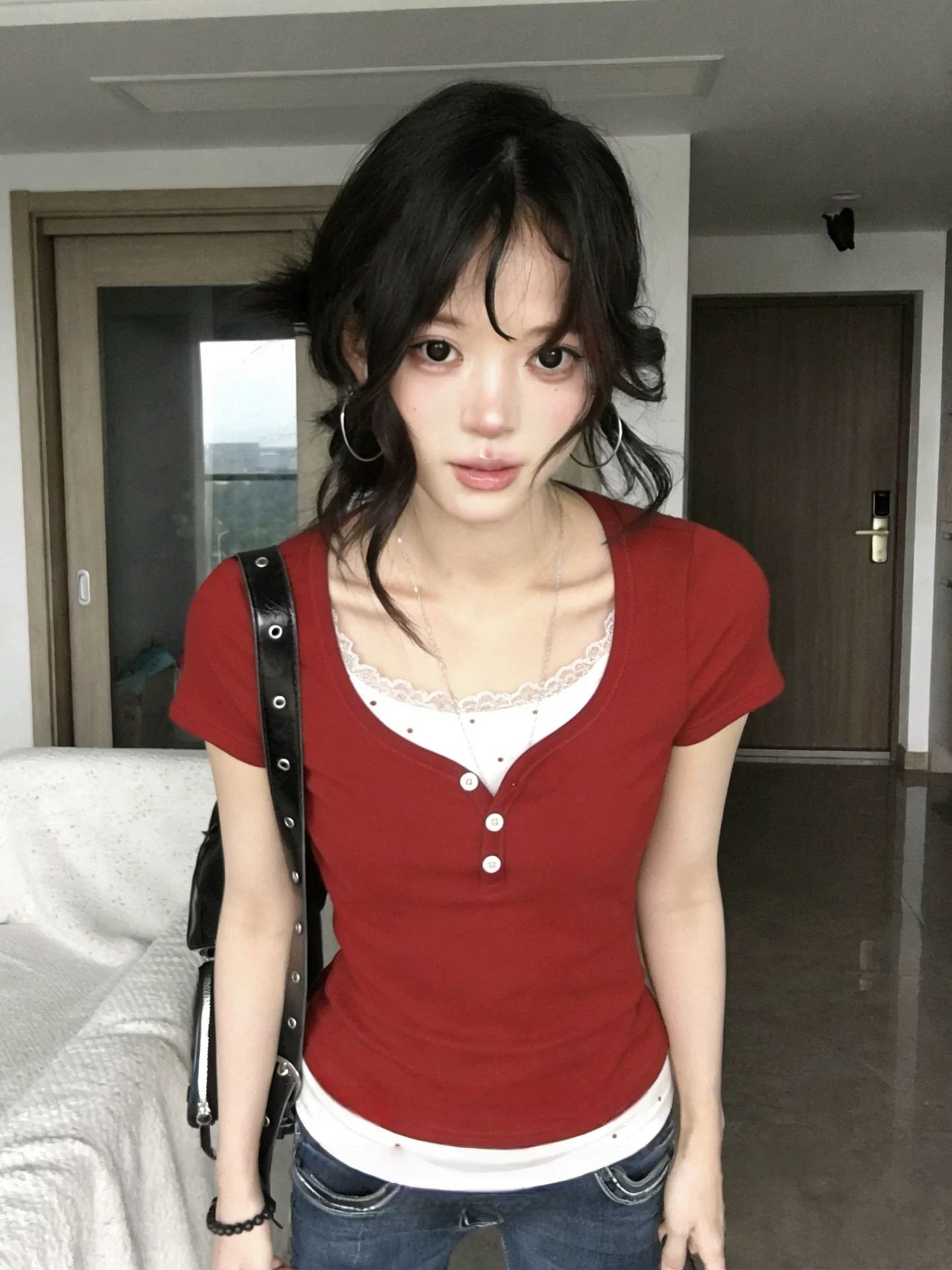 韓系假兩件蕾絲花邊短袖女裝夏季新款修身短款顯瘦小上衣
