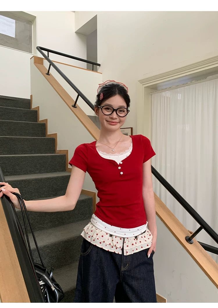 甜美風假兩件蕾絲花邊短袖女裝夏季新款修身短款顯瘦小上衣