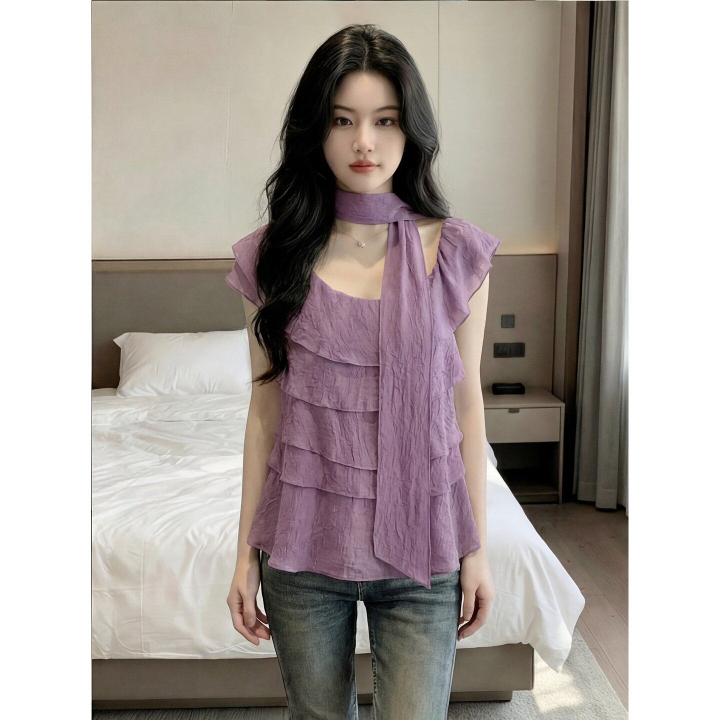 甜美風斜肩荷葉邊層疊襯衫女夏季設計感小眾溫柔顯瘦小衫上衣