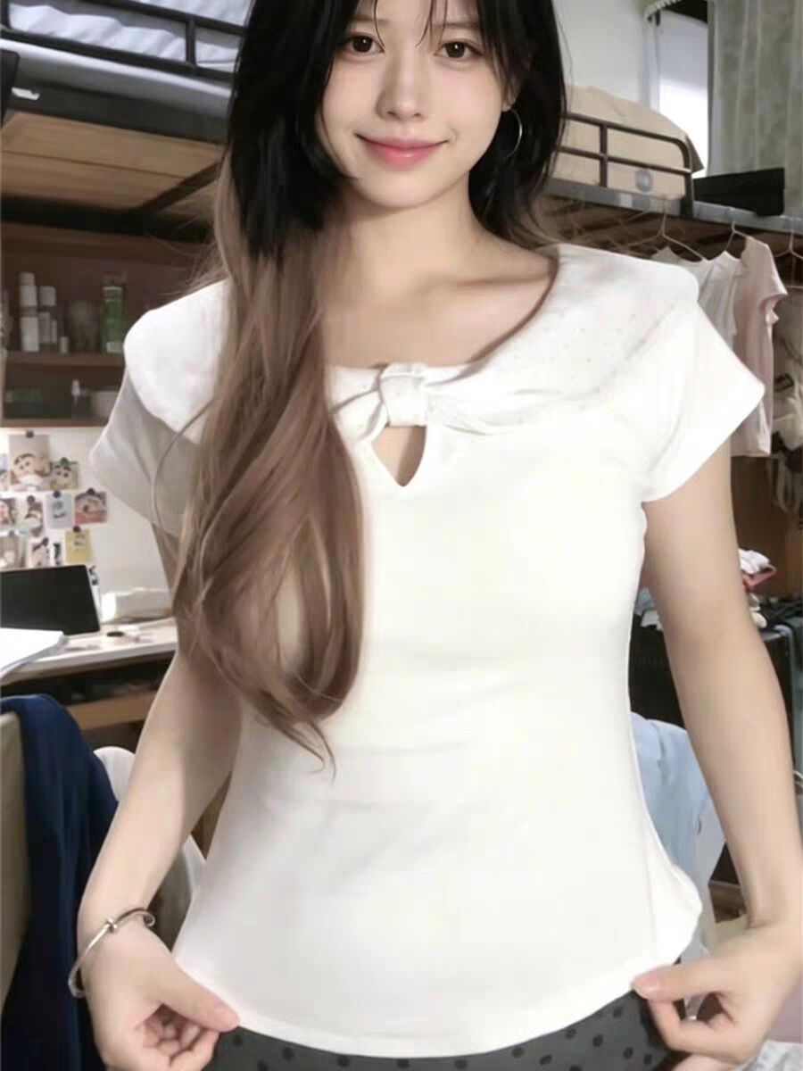 白色波點蝴蝶結鏤空短袖T恤女夏季純欲風修身顯瘦百搭短款上衣