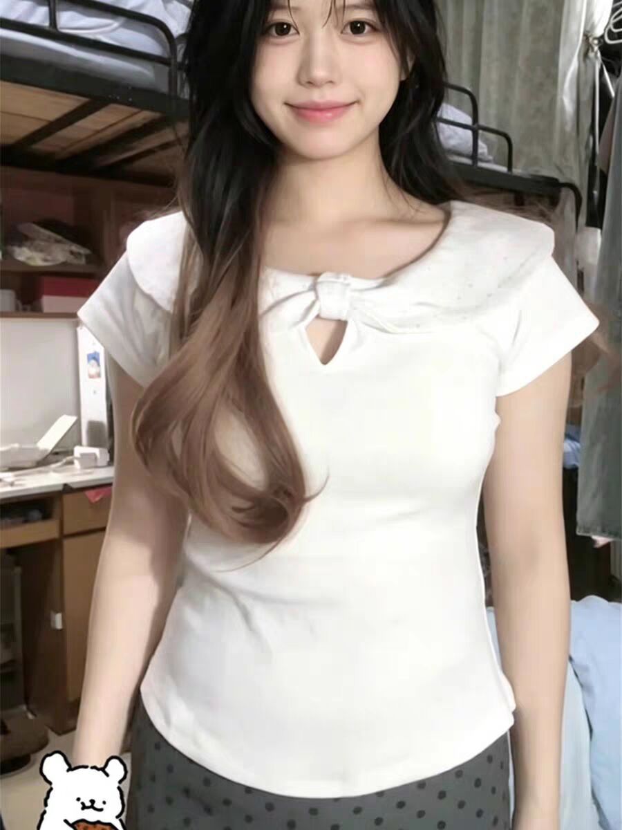白色波點蝴蝶結鏤空短袖T恤女夏季純欲風修身顯瘦百搭短款上衣